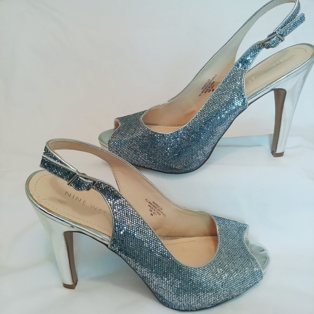 Nine West Silver Glitter Heels - Sz 8